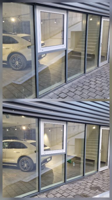 Vorher-Nachher-Komplettreinigung der gesamten Glasfront des Fotokellers bei Porsche Garmisch.