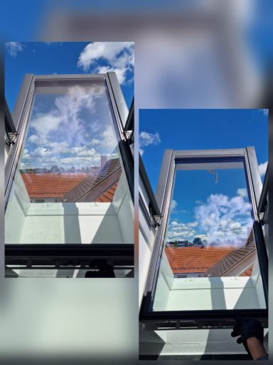 Vorher-Nachher-Reinigung eines geöffneten Dachfensters in Eglfing.