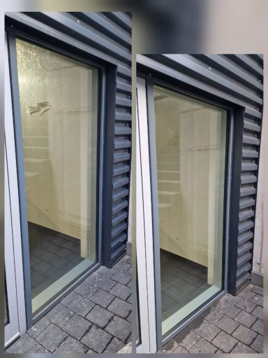 Vorher-Nachher-Reinigung eines einzelnen Glasfront-Fensters im Fotokeller bei Porsche Garmisch.