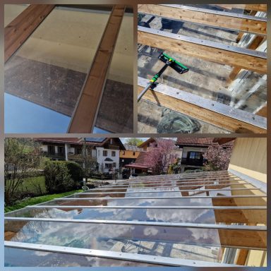 Vorher-Nachher-Reinigung eines Glasdachs in Huglfing mit Reinwassersystem und Pad.