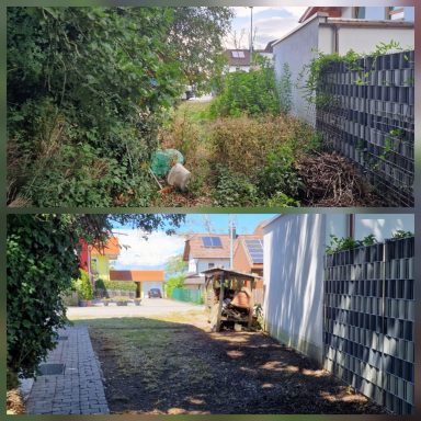 Vorher-Nachher-Pflege eines Gartenbereichs in Peißenberg mit Strauchentfernung und Heckenschnitt.