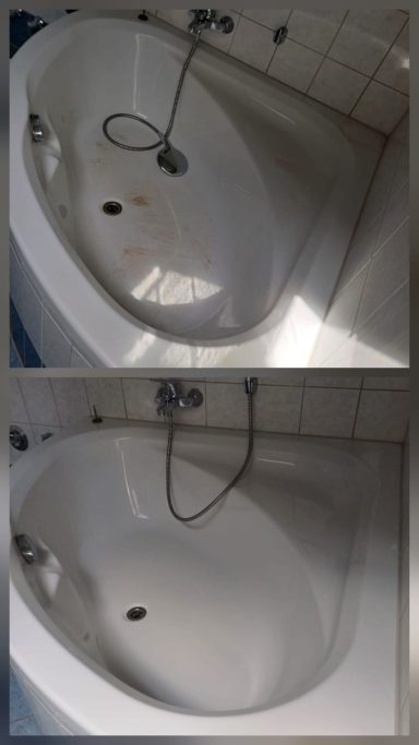 Vorher-Nachher-Reinigung einer Badewanne in Peißenberg im Rahmen einer Verkaufsaufbereitung.