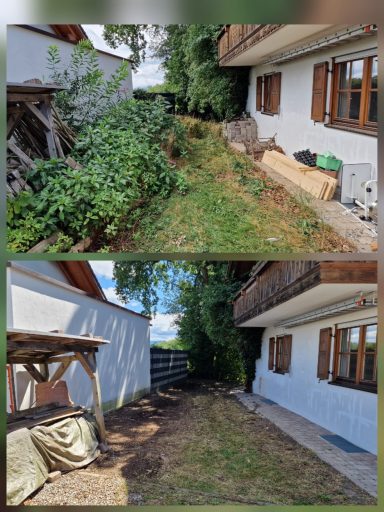 Vorher-Nachher-Aufbereitung eines Außenbereichs in Peißenberg mit Strauchentfernung, Rasenpflege und Holzentsorgung.